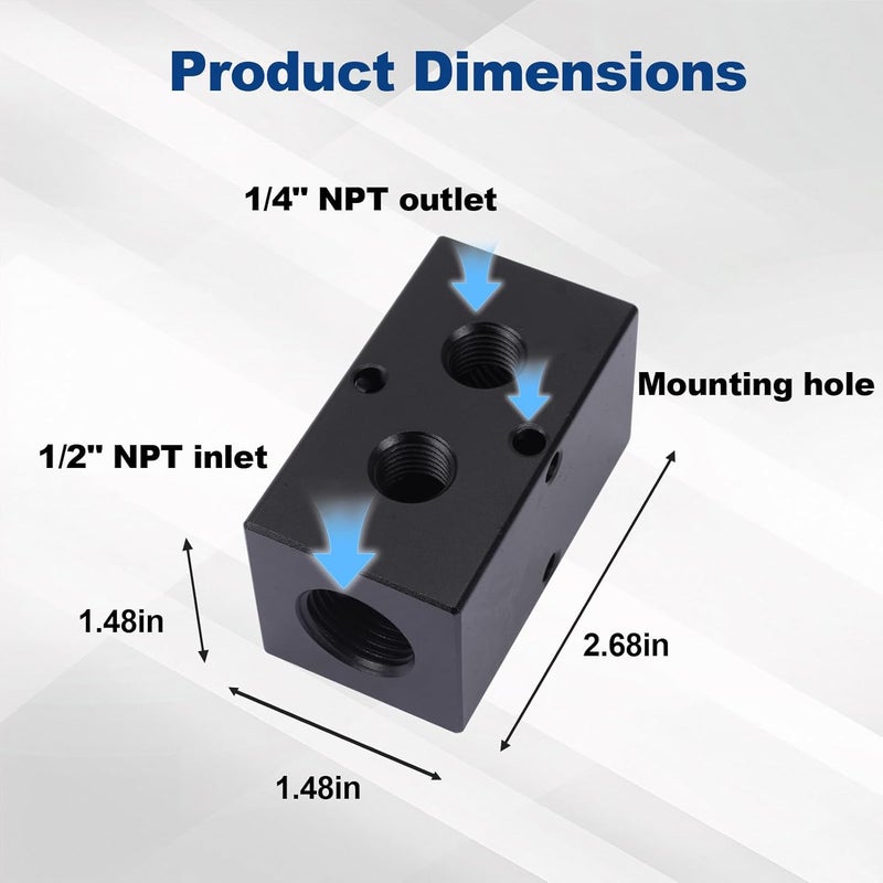 MARSTEK Air Manifold, Air Compressor Manifold, Aluminum Air Hose Inline Manifold Block Splitter, Pneumatic Manifold Air Distribution Block, NPT 1/2 Inch Supply Port, NPT 1/4 Inch Output Port (2 Way 4 Port) - Image 4